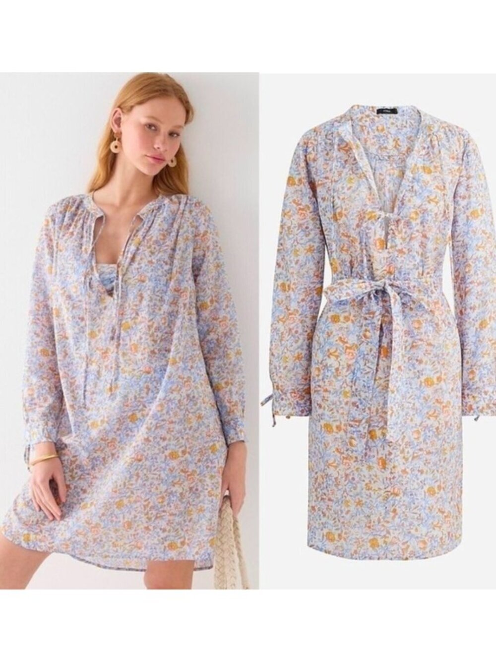J. Crew Tunic Beach Dress Floral Print Sz L Tie Cotton